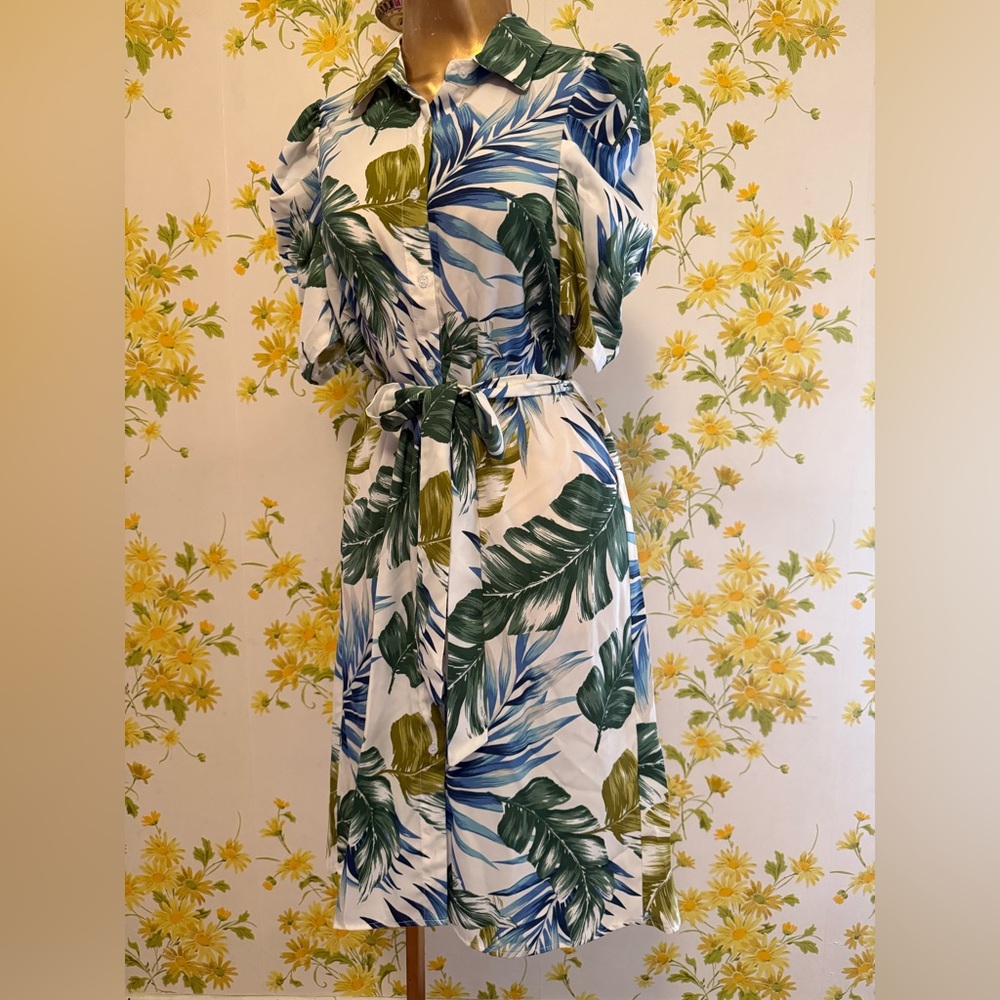 Leaf print button up midi dress size S - Picture 3 of 13